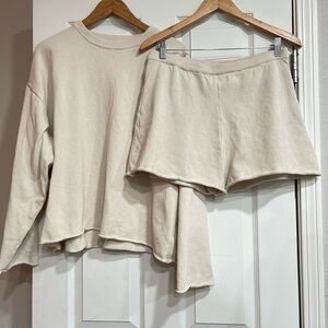 H&M Cream Lounge Set Rolled Hem Sweater Shorts Knit M L